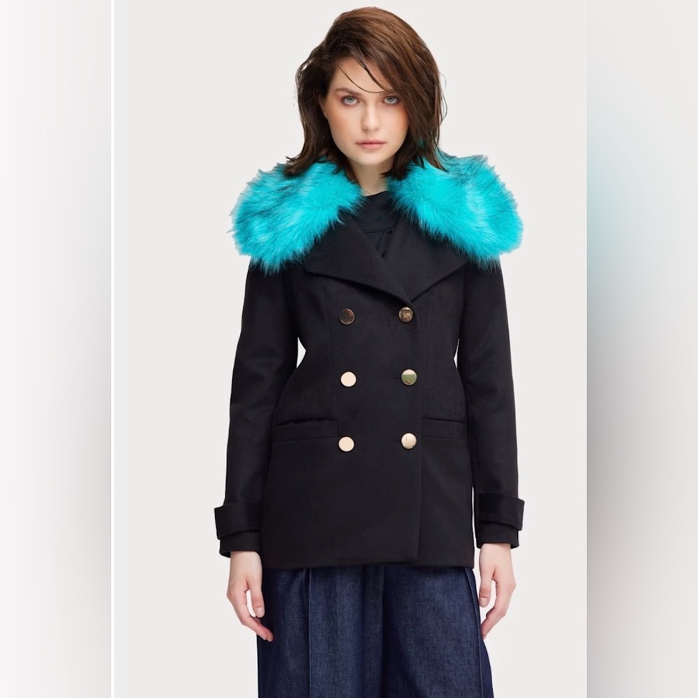 Julia Allert Black Double-Breasted Coat with Teal Faux Fur Collar